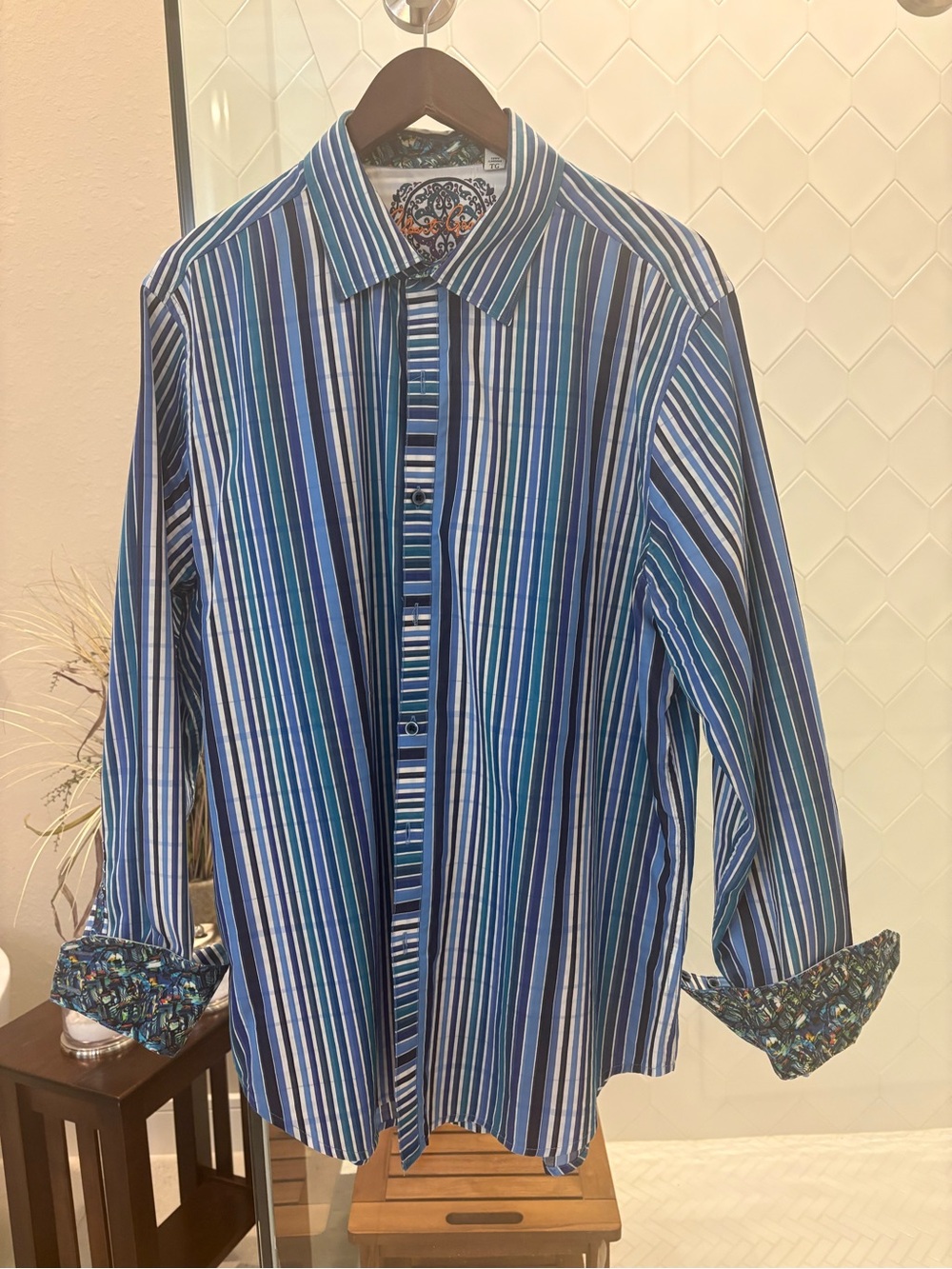 Robert Graham Blue, Teal & White Vertical Stripe Button-Down Shirt